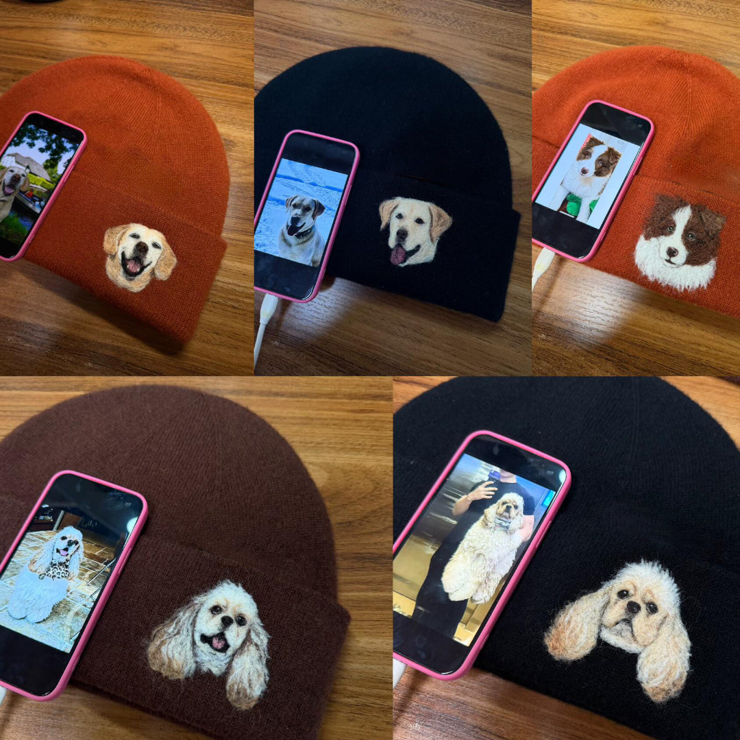 Custom Wool Needle Felt Embroidered Pet Portraits Beanie